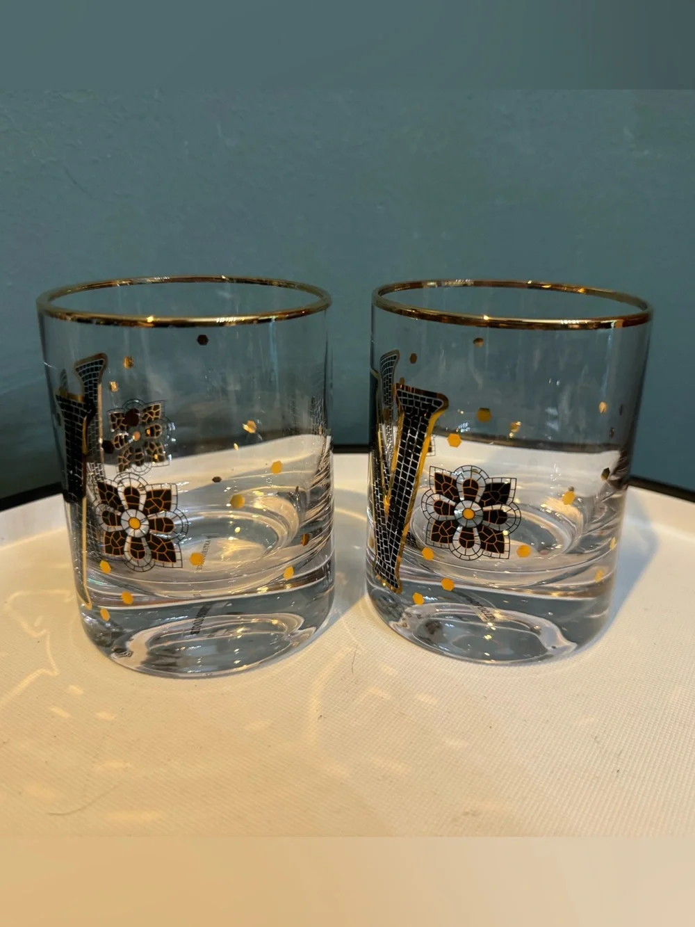 Pair of Anthropologie Bistro Tile Monogram High Ball Glasses - W initial